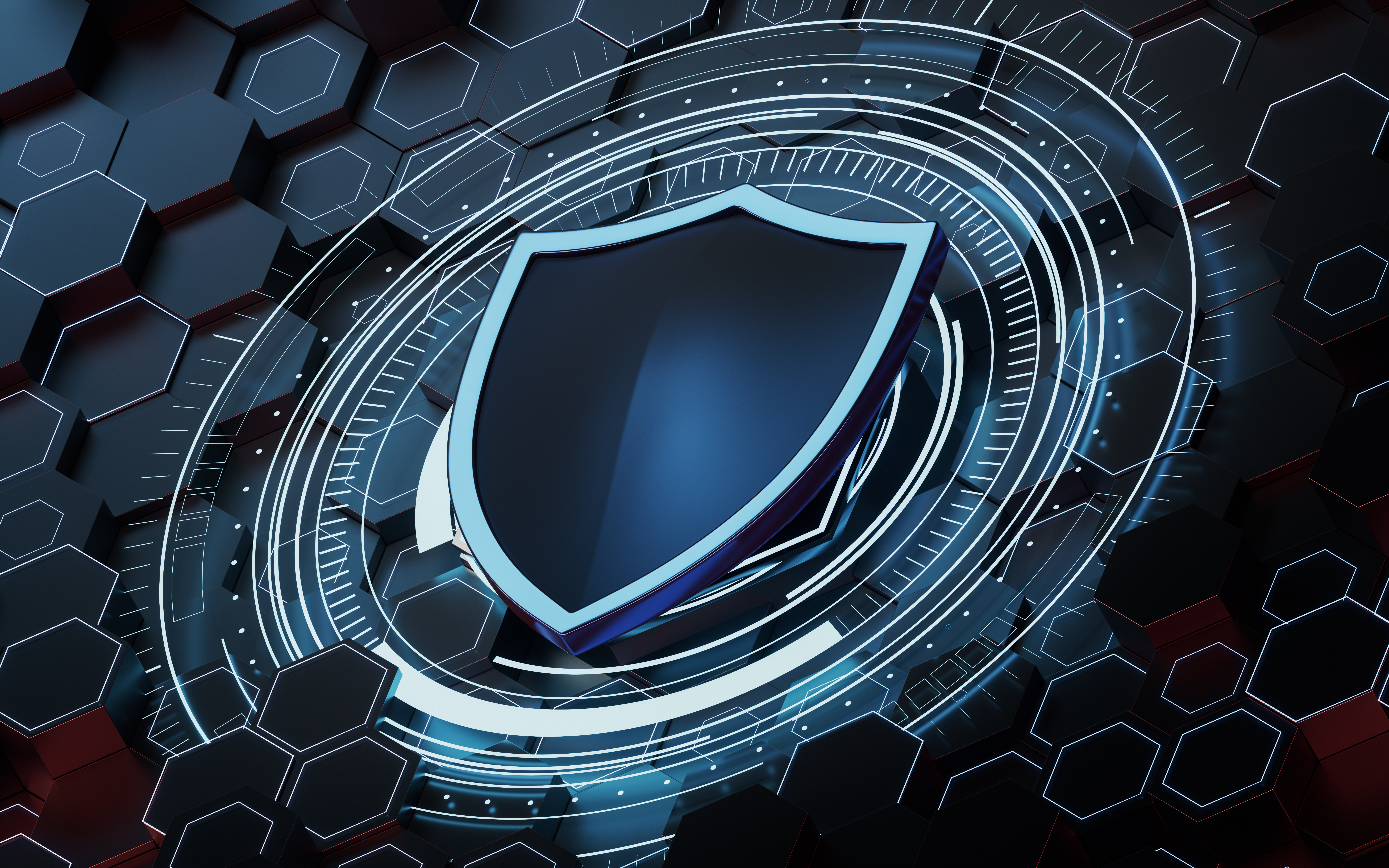 Shield and Hexagonal background, 3d rendering.